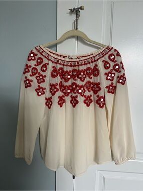 Tory Burch Cream Off-Shoulder Blouse with Red Embroidery